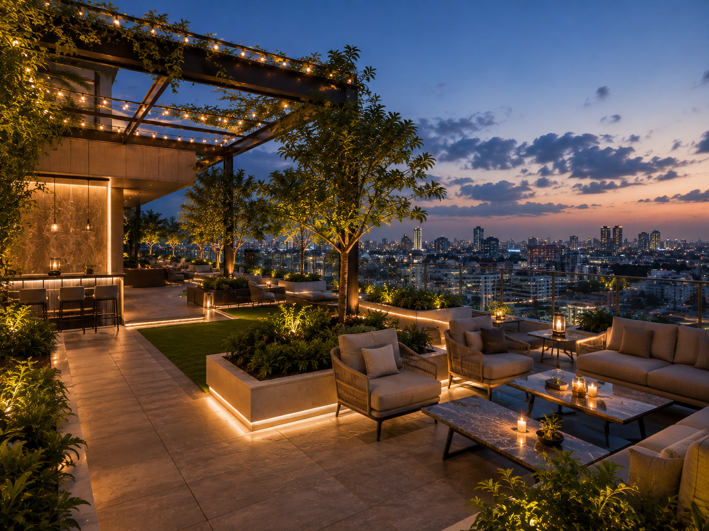 Landscaped gardens and sky lounge at Elan JW Marriott Residences